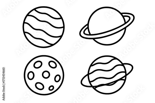 Planet icon set. Space symbol collection. Simple line art celestial bodies. Saturn, Moon with craters, Jupiter. Astronomy graphic element for web, app, logo design. Vector outline.