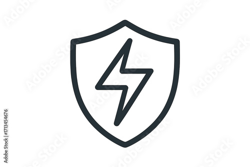Shield and lightning bolt icon. Simple vector line art for power, energy, and protection concepts. Security, defense, and safety symbol for apps and web graphics. Modern outline logo.