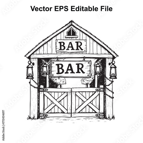 Vector art of hand drawn sketch of a rustic bar with lanterns and wooden gate