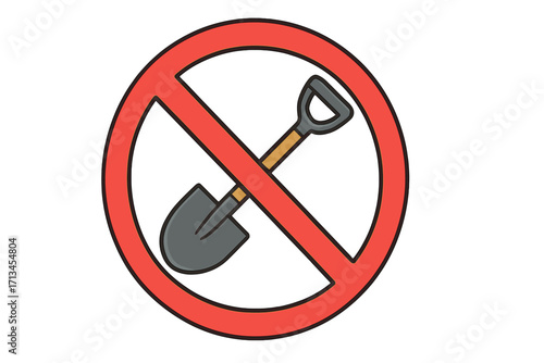 No digging sign vector icon. Shovel prohibited symbol. Stop ground work warning illustration. Forbidden construction concept. Do not dig restriction cartoon pictogram design.