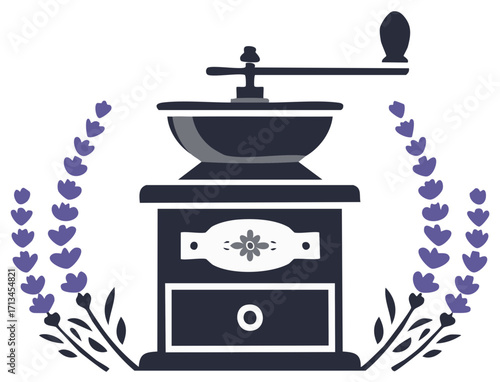 Vintage Coffee Grinder with Lavender Branches Decorative Motif