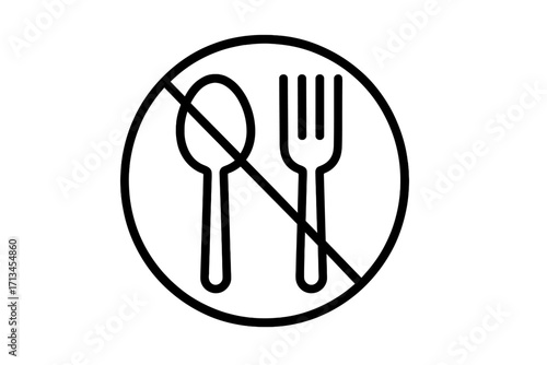 No food allowed sign. No eating symbol. Fork and spoon forbidden icon. Prohibited area for dining. Vector illustration for do not eat warning. Fasting, diet concept.