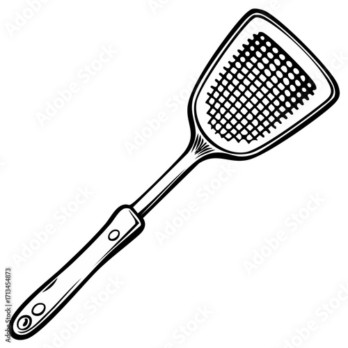 Slotted turner kitchen utensil cooking tool black and white vector illustration
