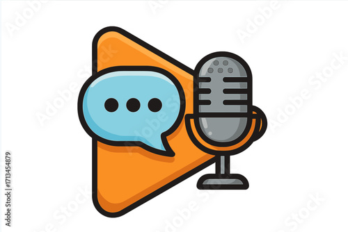 Podcast logo with microphone and chat speech bubble. Play button icon for streaming, broadcast, and audio media. Vector illustration for a radio show or interview concept.