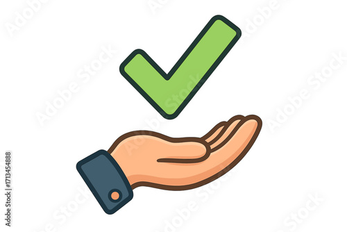 Hand holding a green check mark icon. Concept of approval, success, completion, and quality. Vector illustration for business, apps, and web graphics. Done, accepted, confirmed.