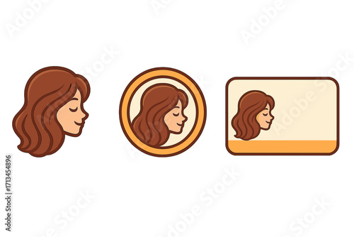 Woman head logo and business card template. Vector branding identity set for beauty salon, hairdresser, or spa. Female profile character icon. Feminine hairstyle emblem.