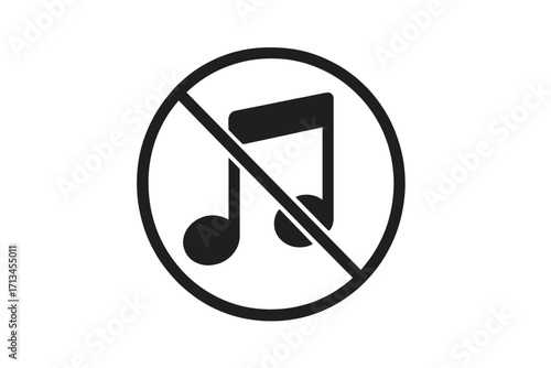 No music sign icon. Sound off symbol. Mute button for apps and web design. Keep silent, quiet please zone pictogram. No noise, audio forbidden vector illustration.