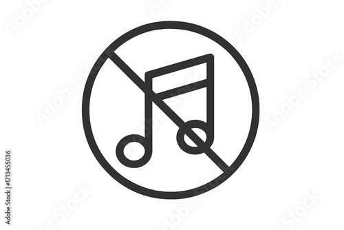 No music icon for apps and graphics. Mute symbol. Sound off sign. Vector illustration for silent mode concept. Audio forbidden pictogram. Stop melody and song. Quiet zone.
