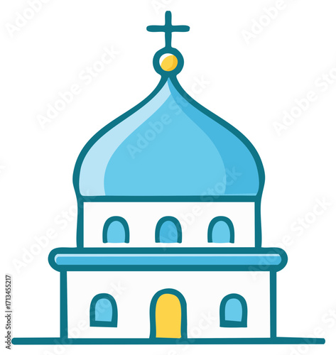 Cartoon Orthodox Church with Blue Dome and Cross Simple Religious Building Icon