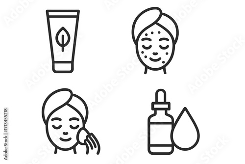 Skincare routine line icon set. Beauty treatment, cosmetic product symbols. Face cream, serum oil dropper, cleansing and facial mask. Minimalist vector pictogram for web.
