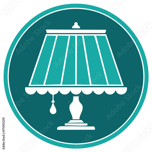 Table Lamp Icon with Pleated Lampshade in Circle - Teal and White, Vector Graphic