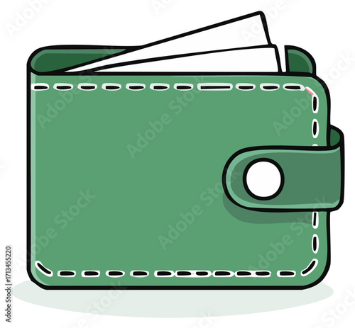 Green wallet with stitched edges and credit cards peeking out