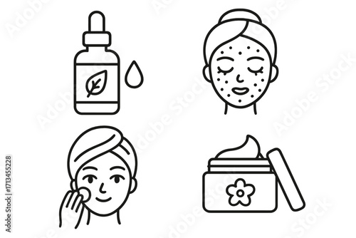 Skincare routine line icon set. Facial beauty treatment, cosmetic product concepts. Woman face with acne, cleansing, applying face cream, cosmetic serum oil. Dermatology vector.