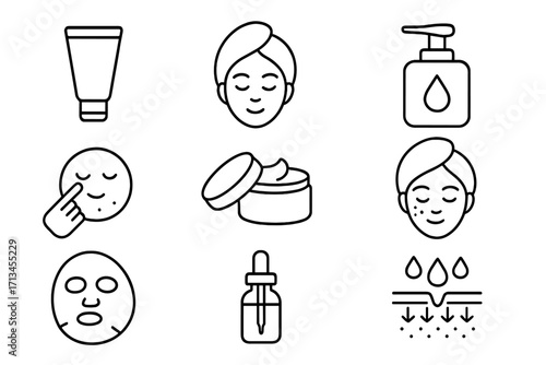 Skincare routine outline icon set. Beauty and cosmetic treatment symbols. Vector collection for dermatology, spa, and salon. Face cream, serum, lotion, and acne care icons.