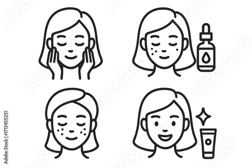 Skincare routine thin line icon set. Woman face beauty treatment, before and after. Skin problem, acne, pimples. Applying cosmetic cream, serum for clean glowing skin. Dermatology vector.