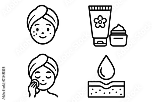 Skincare routine outline icon set. Beauty, dermatology, cosmetic linear icons. Woman face with acne, cleansing with cotton pad, moisturizer cream, serum absorbing into skin.