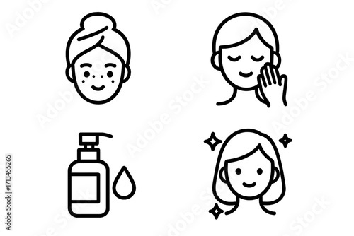 Skincare routine thin line icon set. Woman's face care for beauty and dermatology. Before and after acne treatment. Cleansing, washing, and moisturizing steps for healthy skin.