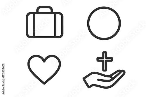 Line icon bundle of suitcase, heart, cross on hand. Minimalist outline symbols for business, travel, love, faith, web design, apps. Vector graphic element collection.