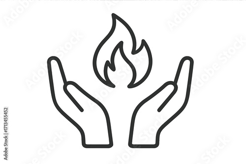 Hands holding fire icon. Concept of passion, energy, hope, and protection. Vector line art illustration for logo, app, or graphic design. Metaphor for knowledge, spirit, or warmth.