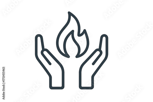 Hands holding fire line icon. Metaphor for safety, protection, and insurance. Concept of care, energy, and warmth. Vector logo for charity, support, hope and passion.