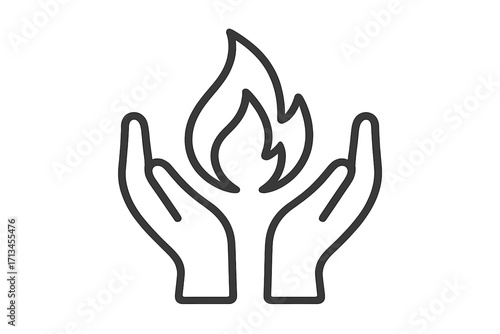 Hands holding fire flame icon. Metaphor for passion, hope, energy and power. Concept of safety, care and warmth. Vector line art for logo or graphic design element.