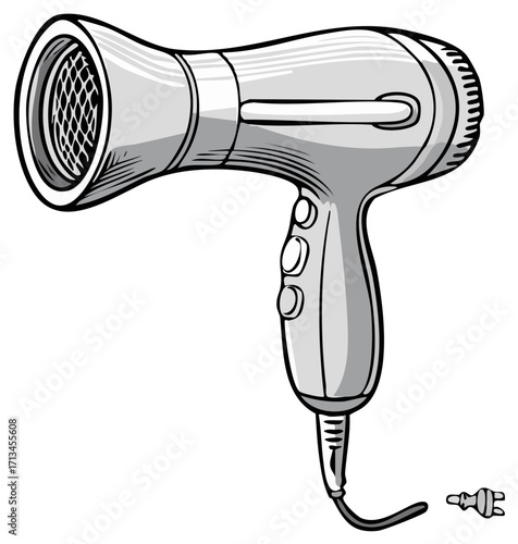 Stylized illustration of a gray hair dryer with electrical cord and plug on the white background