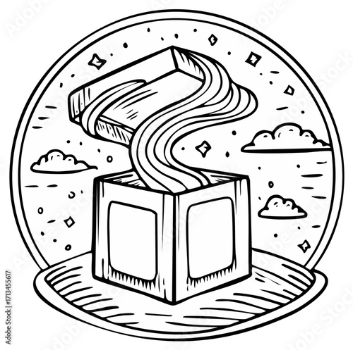 Mystical Box Spewing Waves Clouds and Stars in Hand-Drawn Black and White Style