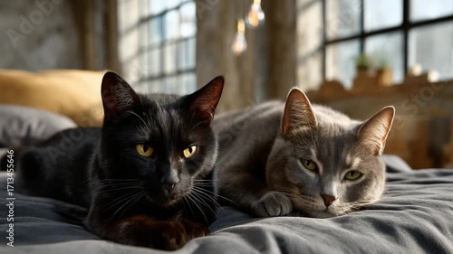 Two relaxed cats on a cozy bed indoor setting photography warm atmosphere close-up companionship