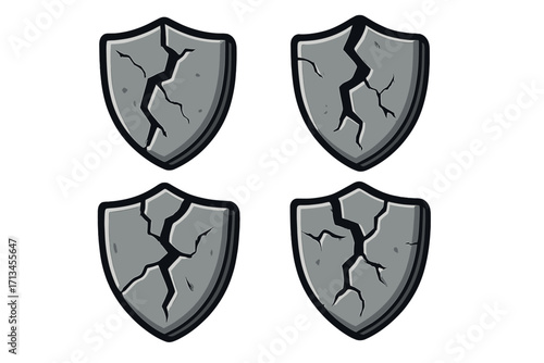 Cracked shield vector icon set. Broken stone defense symbol. Concept of vulnerability, risk, and failure. Security breach or data leak metaphor. Damaged protection cartoon.