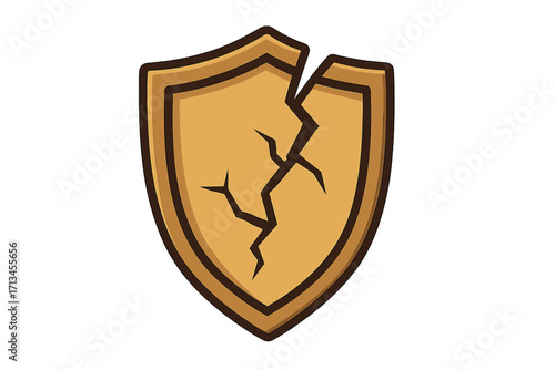 Cracked shield vector icon. Symbol of broken security, vulnerability, and risk. Concept of failed defense, data breach, unprotected system, and damage. Cartoon illustration.