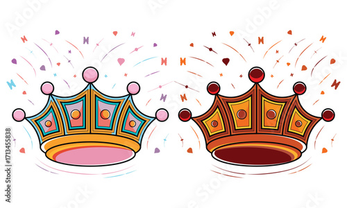 Two Multicolor Queen Crown Toddler Butterfly Heart Hand Drawn Outline Vector Art