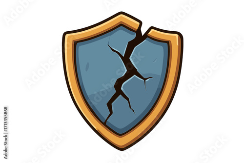 Cracked shield vector icon. Broken security symbol. Metaphor for vulnerability, data breach, system failure, and risk. Damaged defense cartoon illustration for web or app.