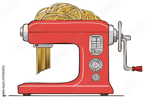 Red Pasta Maker with Handle Filled with Spaghetti Ready for Cooking Process