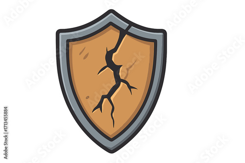 Cracked shield vector icon. Concept of weak defense, vulnerability, data breach. Broken security symbol for failure, risk, and damaged protection. Unsafe danger cartoon.