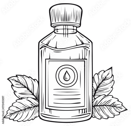 Natural Essential Oil Bottle with Droplet Symbol and Botanical Leaves Outline Illustration