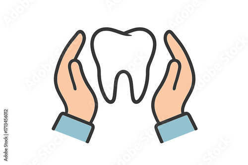 Hands holding tooth. Dental care concept. Dentistry clinic logo. Oral hygiene and health. Protection and insurance metaphor. Dentist symbol. Healthy tooth vector illustration.