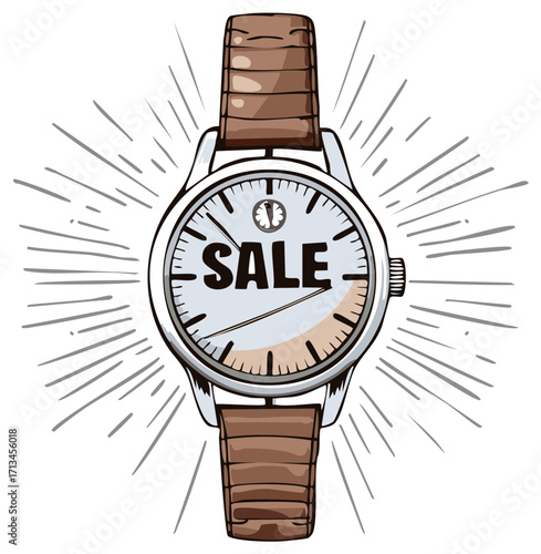 Illustration of Analog Wristwatch with a Brown Band and the word Sale on its face