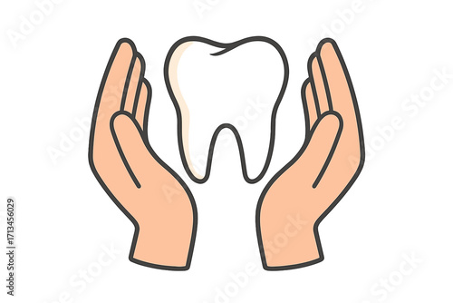 Tooth in hands vector icon. Concept for dental care, oral hygiene, and dentistry. Symbol for protection, health insurance, and medical clinic. Clean healthy tooth logo.