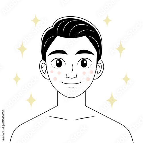 Person with rosy cheeks and sparkles around face — vector illustration