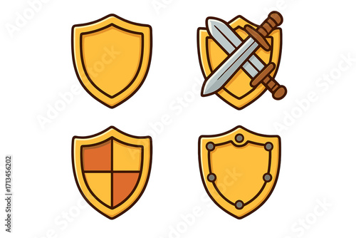 Shield and sword cartoon vector icon set. Medieval knight battle game assets collection. Golden security emblem. Protection symbol graphic illustration. Defense and honor sign.