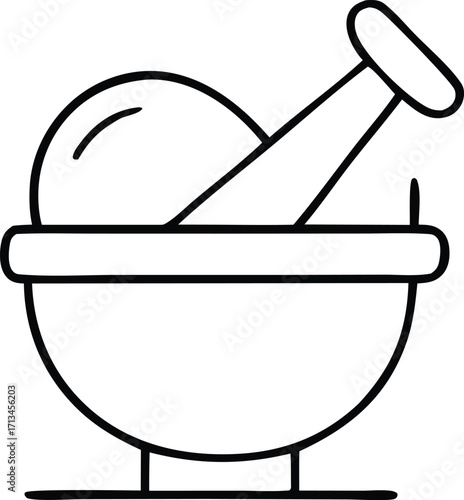 Classic mortar and pestle icon for kitchen pharmacy herbal remedies and grinding ingredients clean simple line art