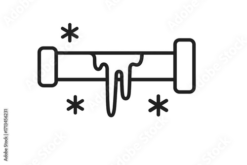 Frozen water pipe with icicles. Winter weather, cold, freezing concept. Plumbing problems, frost damage, heating system failure. Minimal linear vector outline icon, sign.