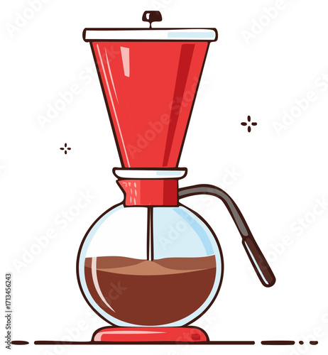 Red Coffee Maker Vector Illustration, Hot Fresh Coffee Preparation