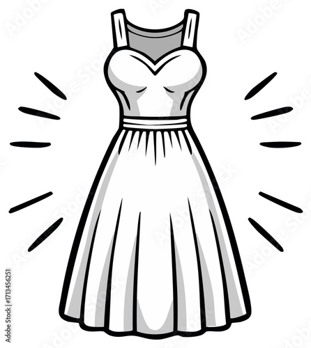 Cartoon illustration of elegant white dress with strap details and light bursts