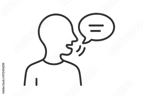Talking person icon. Man speaking. Simple line art symbol. Speech, voice, communication concept. Chat, message, conversation sign. Head profile silhouette vector design.
