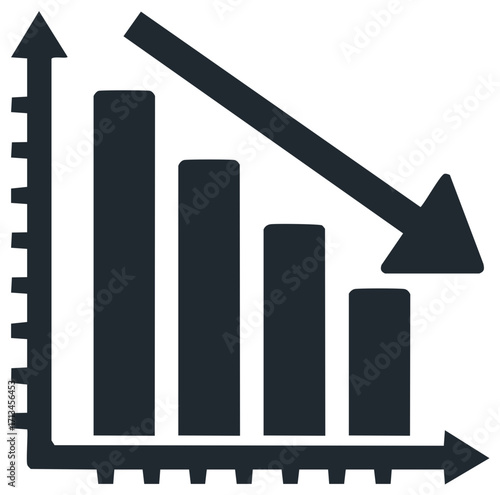 Falling bar chart graph with downward trending arrow icon representing decline and loss
