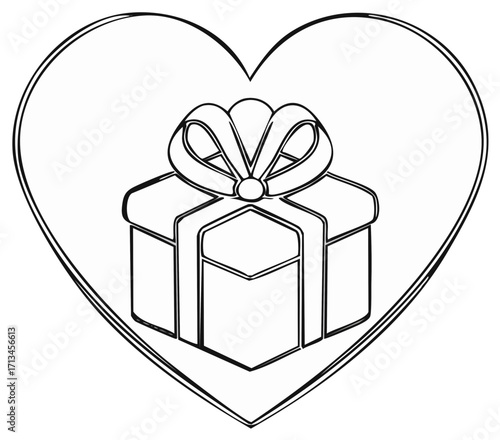 Heart Outline Containing a Gift Package Topped with Ribbon Drawing