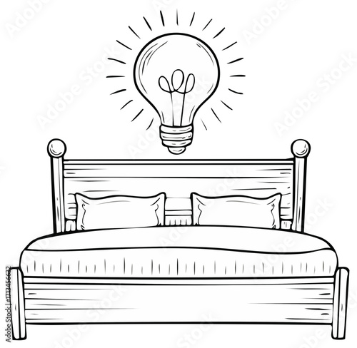 Cozy bedroom with glowing lightbulb above the bed shows idea and inspiration concept in clean monochrome drawing style