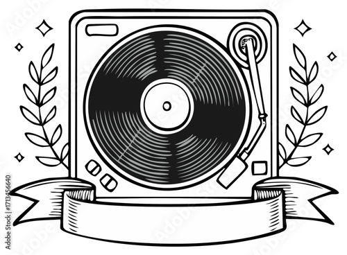 Retro turntable illustration with vinyl record, laurel branches, banner for text, classic monochrome style