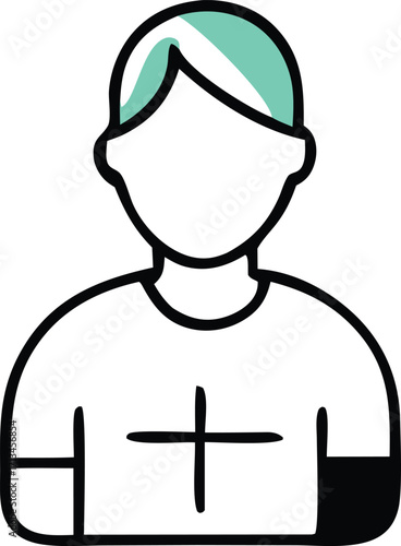 Simple hand drawn icon of a person with green hair and a cross symbol on shirt for religious or community representation